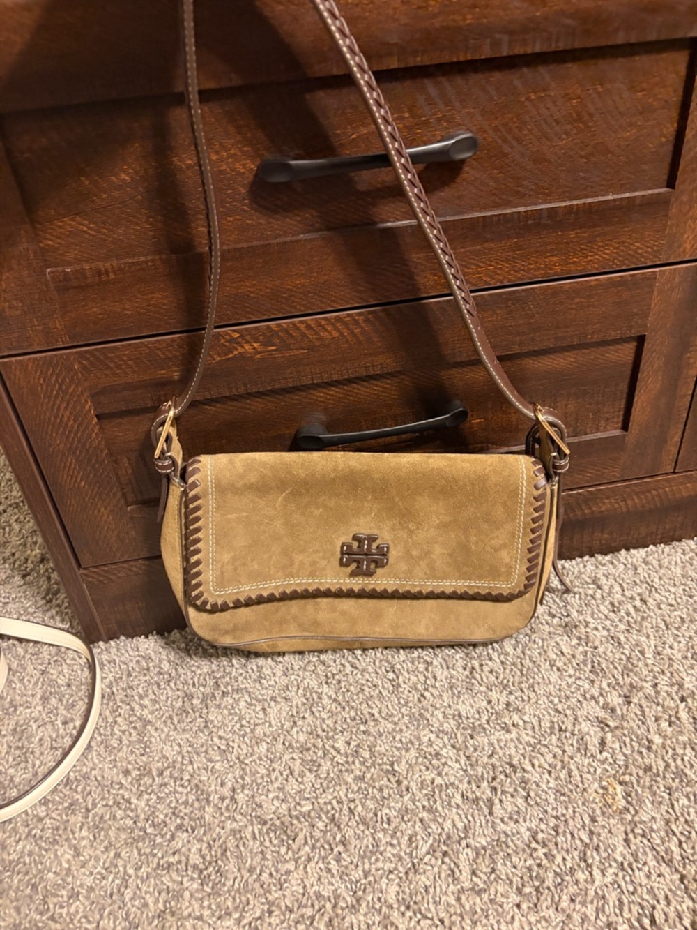 Tory Burch Tan Suede Crossbody with Braided Trim